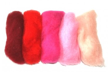 Ovčí vlna merino barvená mykaná - mix 5 červených barev - 20 g